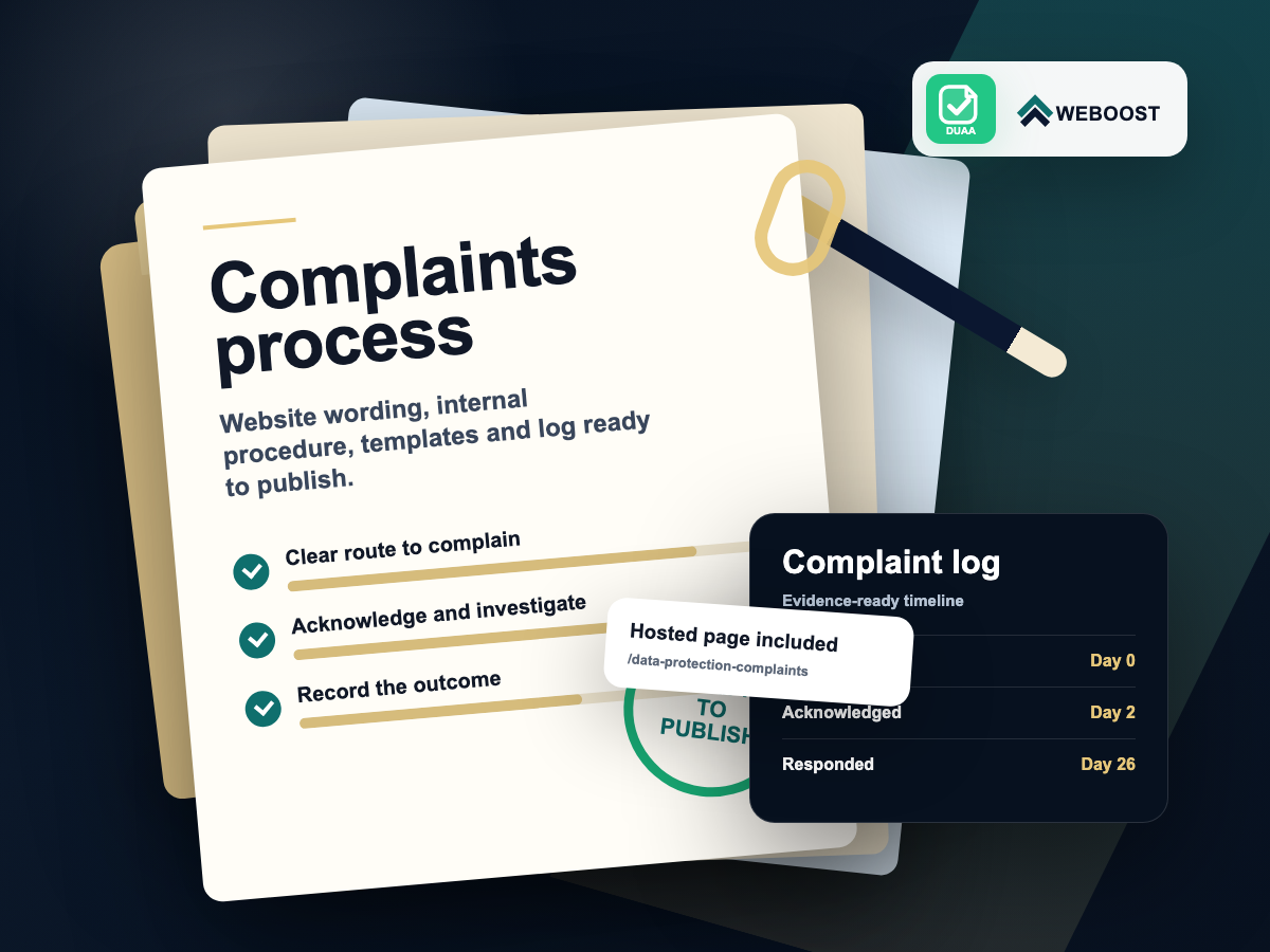 DUAA complaints process pack with website wording, hosted page, complaint log, and WeBoost branding